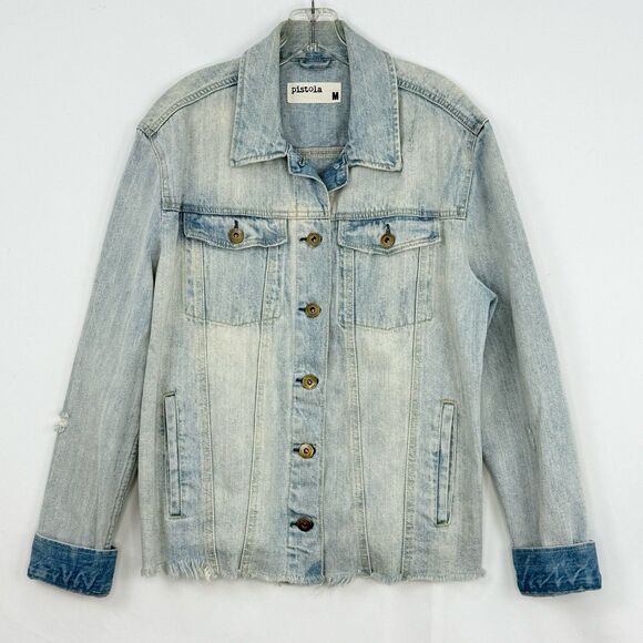 Pistola Cropped Denim Long Sleeve Jacket Raw Hem Size Medium Blue - Picture 2 of 16